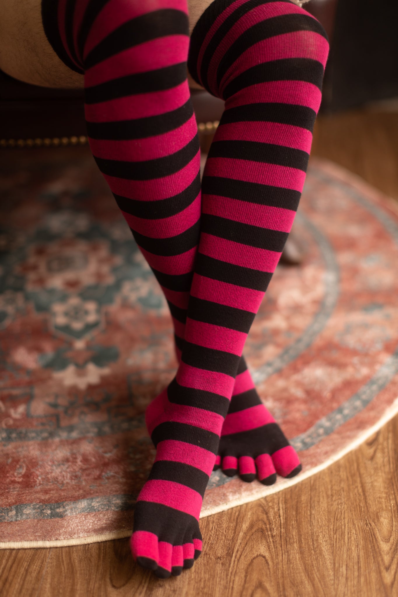 Striped Over the Knee Toe Socks - Black/Fuchsia