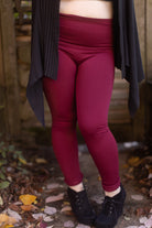 Plus Size High Waisted Fleece Lined Leggings - Wine