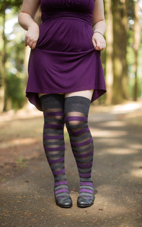 Gossamer Stripes Extraordinary Thigh High - Dark Charcoal/Plum