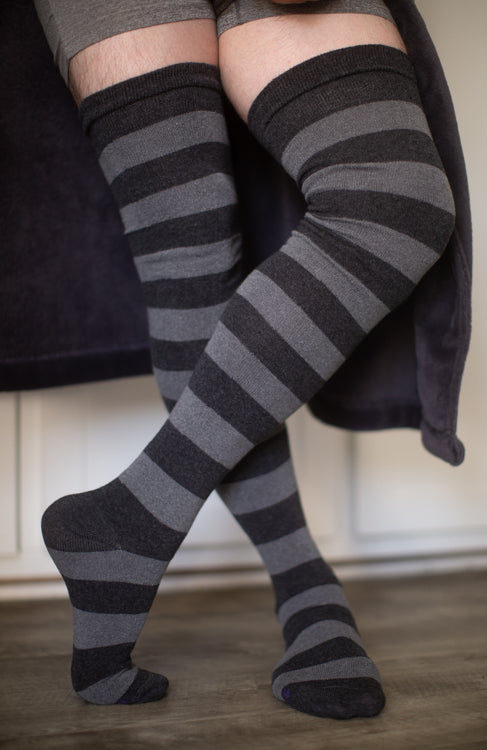 XXL Foot Longer Striped Extraordinary Thigh High - dark charcoal/charcoal
