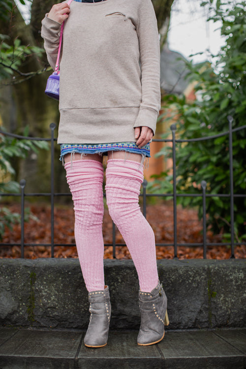 Longer M45 Ribbed Thigh High with Roll Top - Pink