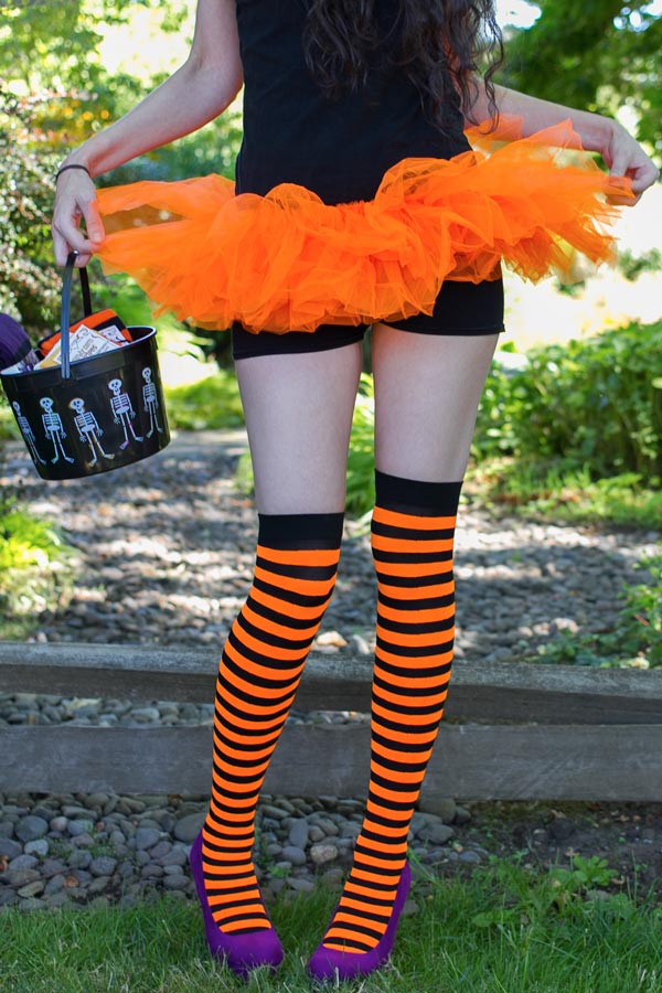 Striped Nylon Thigh High - Black & Neon Orange
