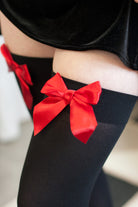Opaque Thigh High Stockings with Bow - Black with Red