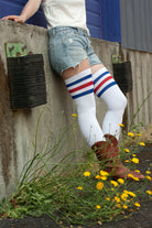 Americana Thigh High Socks - White with Royal and Red