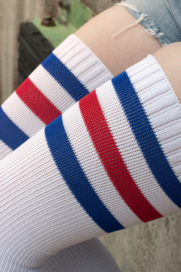 Americana Thigh High Socks - White with Royal and Red
