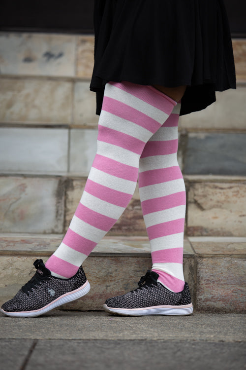 Longer Striped Extraordinary Thigh High in Bubblegum and Sweet Cream