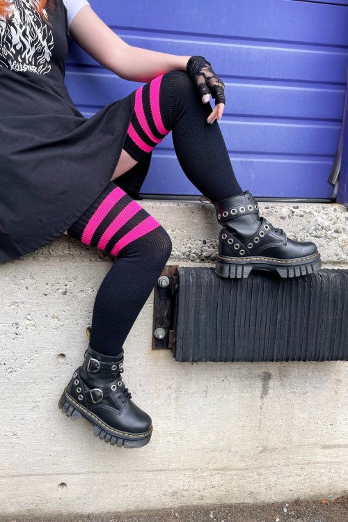 Neon Power Stripe Thigh High Socks - Neon pink