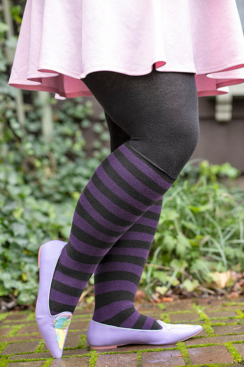 Roll Top Striped Knee Socks - Black/Plum