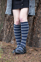Roll Top Striped Knee High Socks - Navy/Charcoal