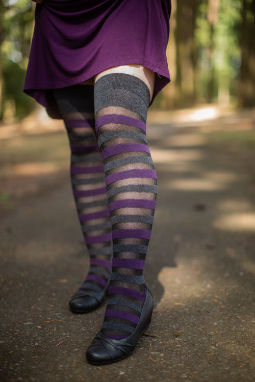 Gossamer Stripes Extraordinary Thigh High - Dark Charcoal/Plum