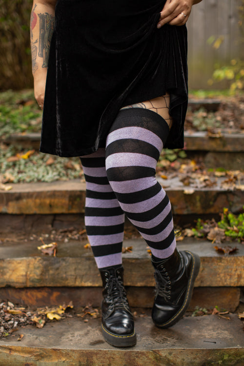 Longer Striped Extraordinary Thigh High in Black and Lilac