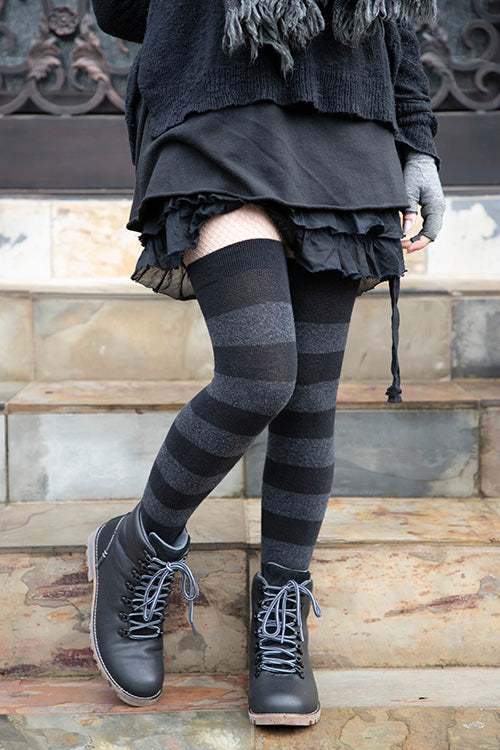 Striped Extraordinary Thigh High Socks - Black/Dark Charcoal