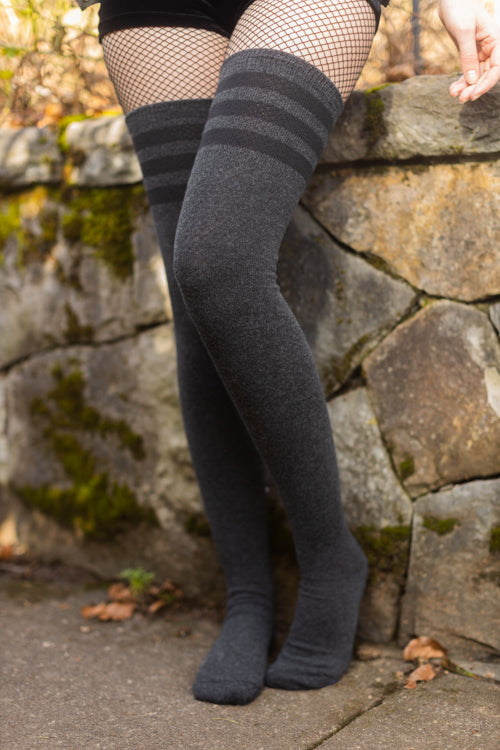 Longer Cotton Top-Striped Extraordinary Thigh High - Dark Charcoal with Black