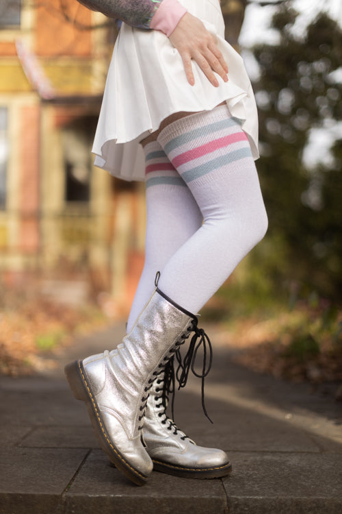 Longer Cotton Top-Striped Extraordinary Thigh High - White with Light blue and Bubblegum