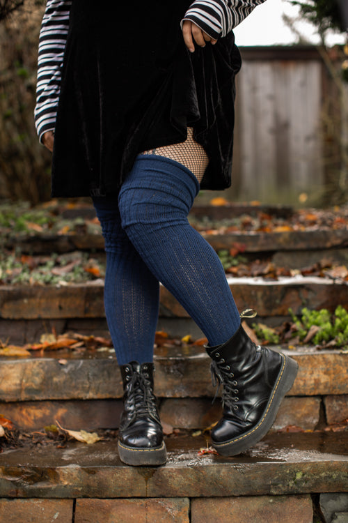 Longer M45 Ribbed Thigh High with Roll Top - Navy