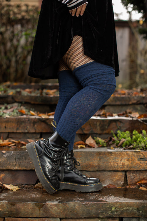Longer M45 Ribbed Thigh High with Roll Top - Navy
