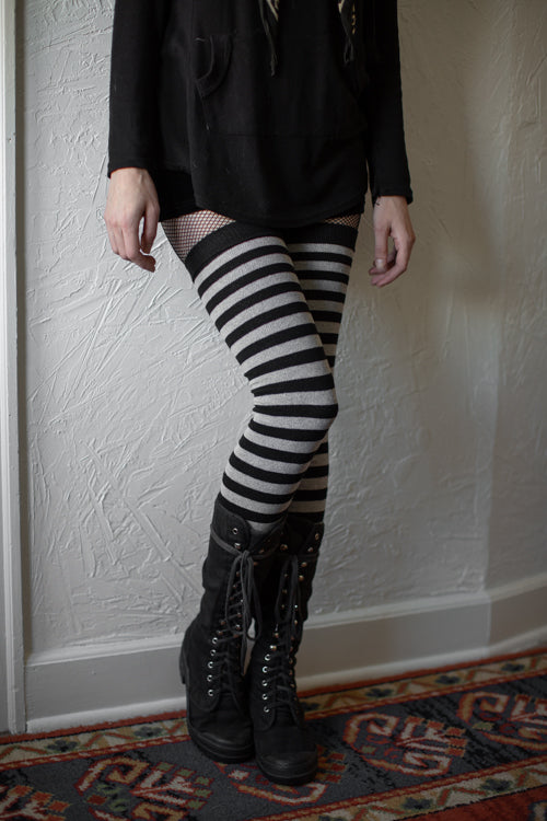 M Stripes Thigh High Socks - Black/Grey