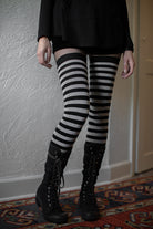 M Stripes Thigh High Socks - Black/Grey
