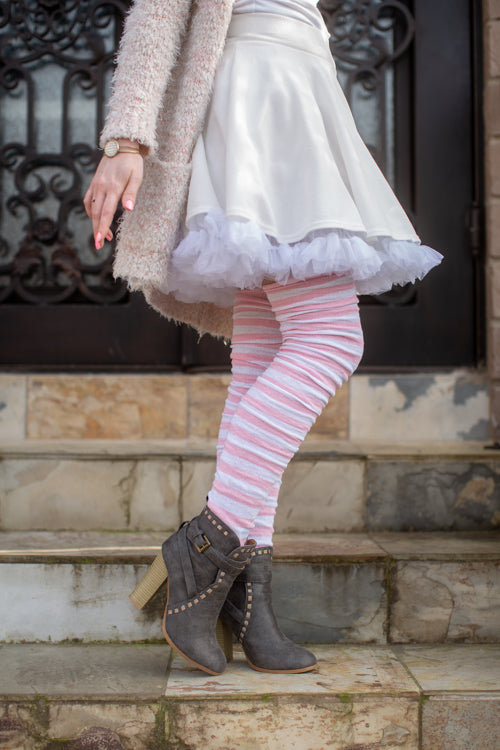 M Stripes Thigh High Socks - Pink/White
