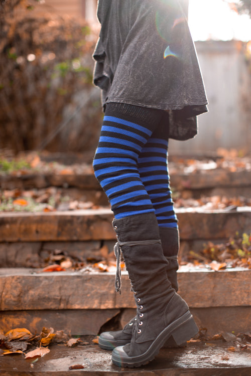 Super Stripes Thigh High Socks - Black/Royal