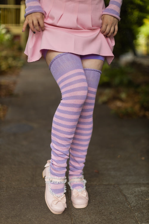 Super Stripes Thigh High Socks - lilac/pink