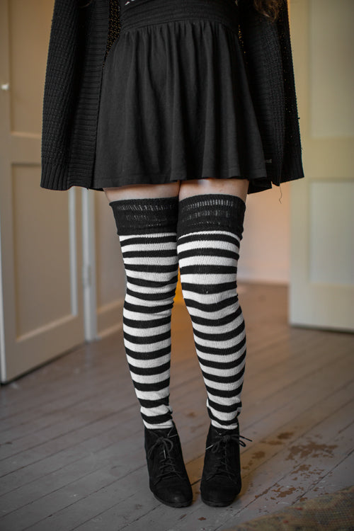 Super Stripes Thigh High Socks - Black/white