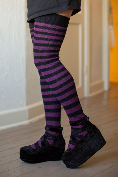 Super Stripes Thigh High Socks - Black/purple