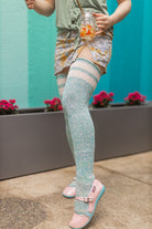 Top-Striped Marled Scrunchable Thigh High Socks - seafoam with sweet cream
