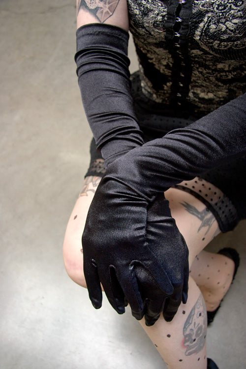 Extra Long Satin Gloves - Black