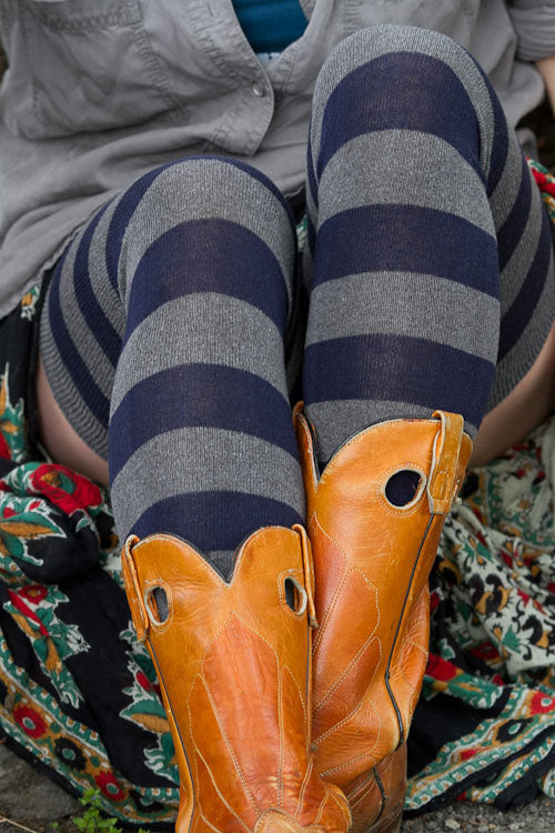 Longer Striped Extraordinary Thigh High in Charcoal and Navy