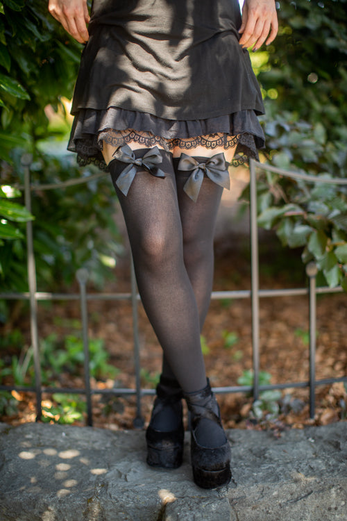 Opaque Thigh High Stockings with Bow - Black