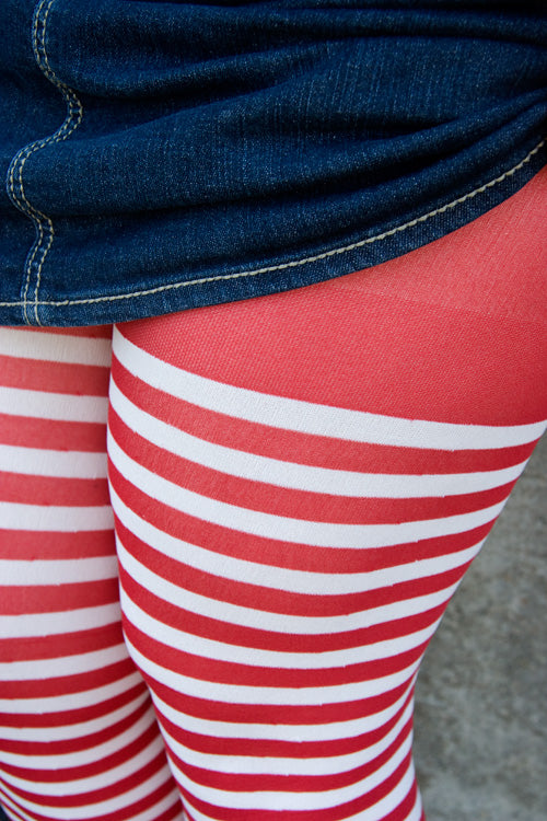Plus Size Striped Tights - White & Red 