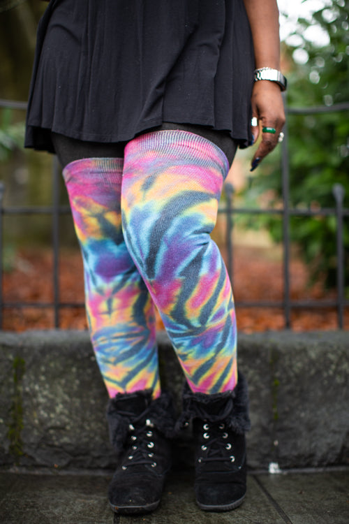 Longer Tie Dyed Extraordinary Thigh High - Black Rainbow Spiral