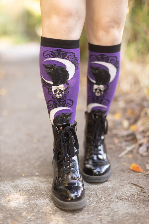 Black Cat Moon Knee High - Purple