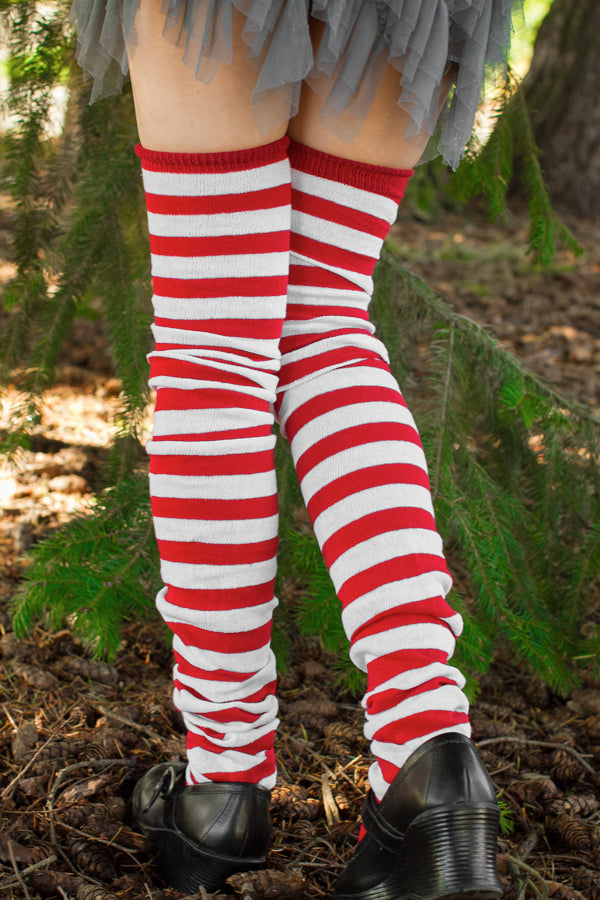M Stripes Thigh High Socks - Red/White