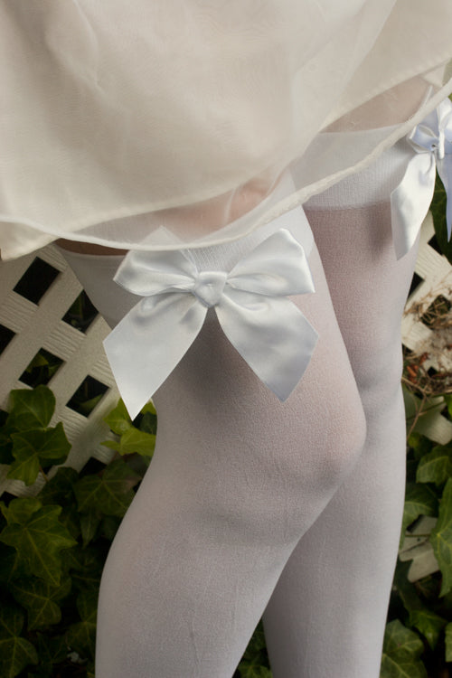 Opaque Thigh High Stockings with Bow - White
