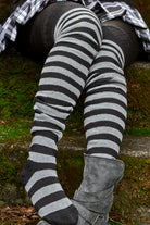 Super Stripes Thigh High Socks - Black/Grey