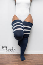 Thunda Thighs Top Stripe Thigh Highs - Navy/White