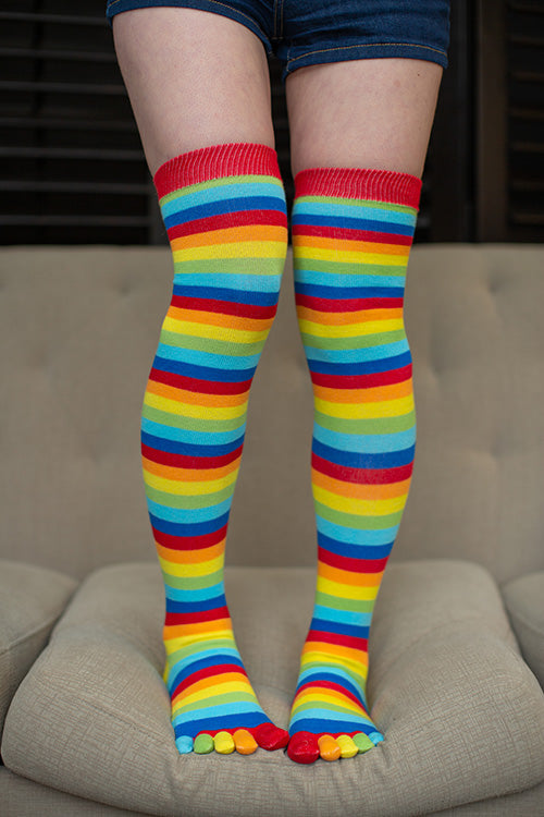 Striped Over the Knee Toe Socks - Rainbow